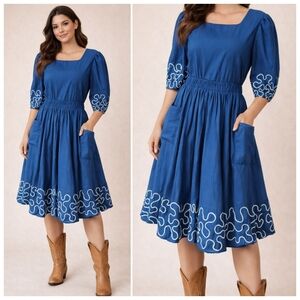 VTG Square Dance 2 Peice Skirt and Top Set Blue w/ White Embroidery